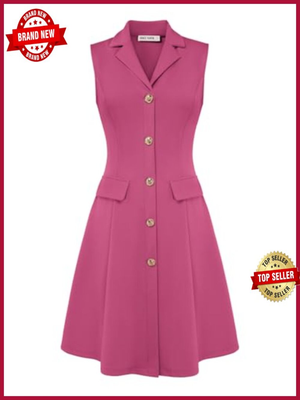Sleeveless A-Line Work Dress with Lapel Collar Pockets Knee-Length